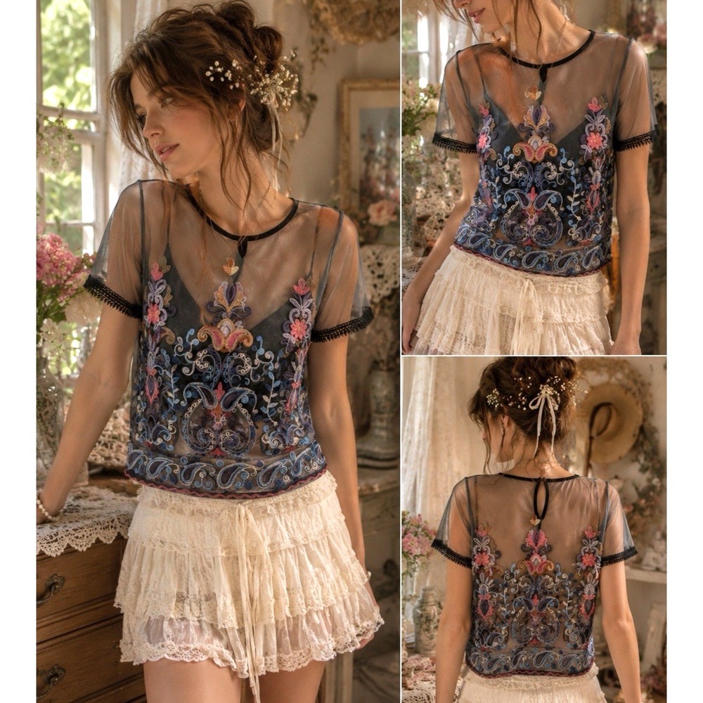 Womens Sheer Floral Embroidered Short Sleeve Top Size S Mesh Boho Festival Fairy